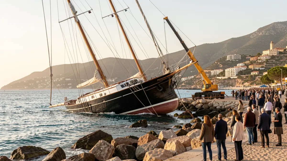 Imatge d'un gran veler encallat a les roques de Xàbia, a punt de ser rescatat per una grúa.