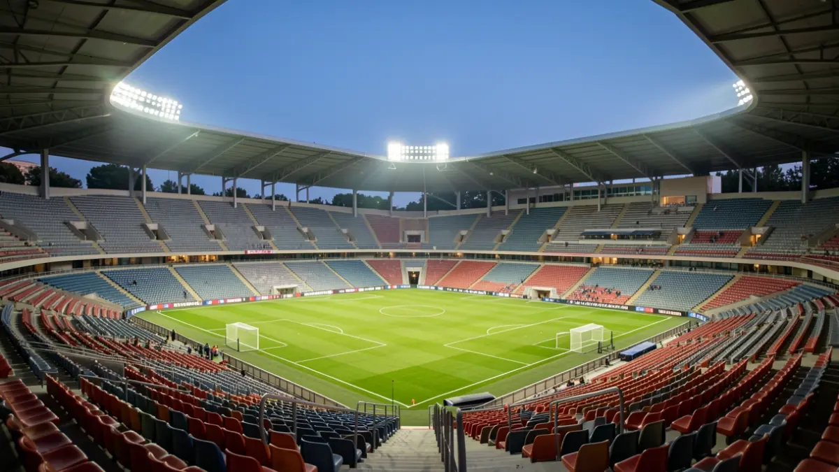 Imatge genèrica d'un estadi de futbol il·luminat al capvespre.