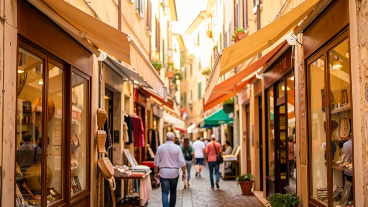Generic image of a commercial street with shops in a Mediterranean city.