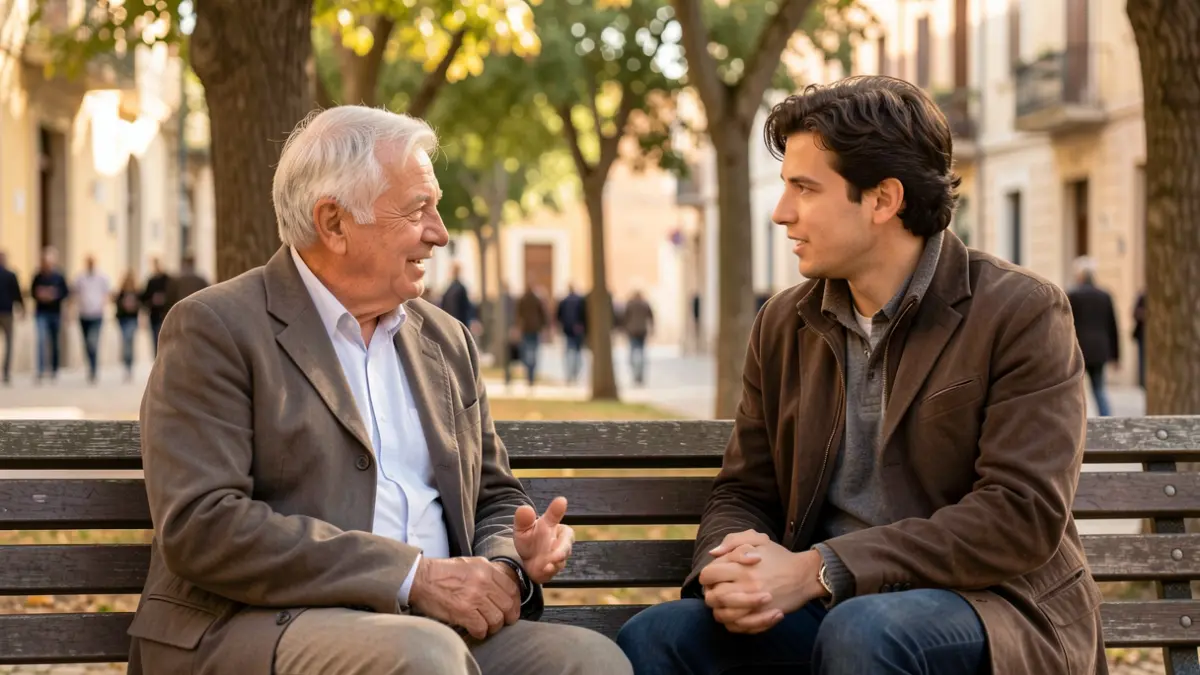 Imatge genèrica de dues persones de diferents generacions conversant en un banc de parc.