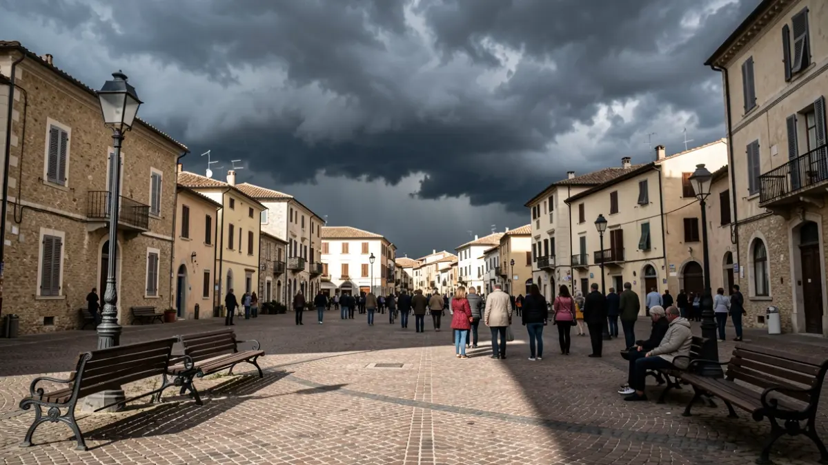 Generic image of storm clouds over a Mediterranean town square.
