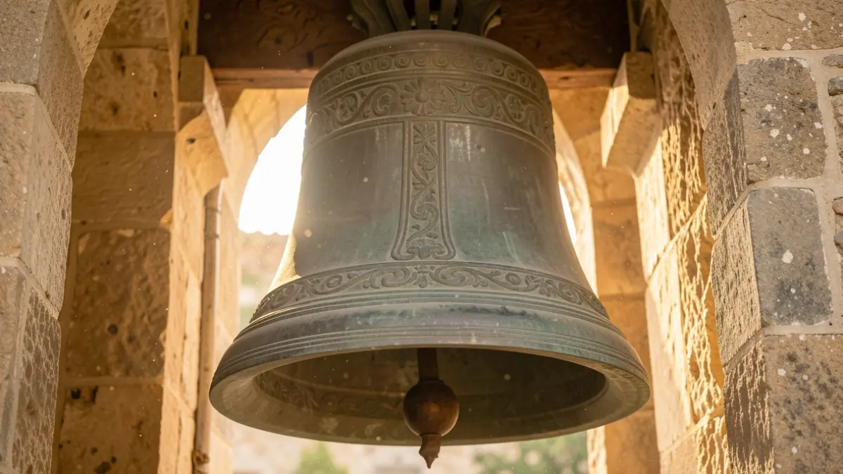 Image of an old bell in a stone bell tower.