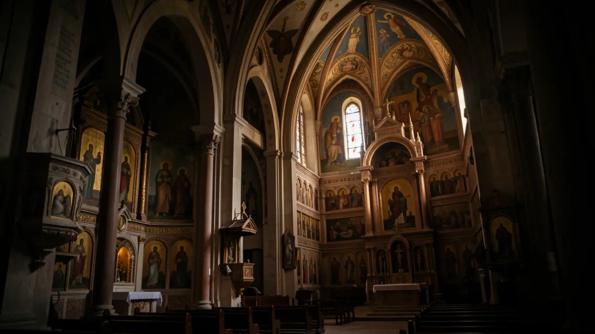 Imatge genèrica de l'interior d'una església històrica amb il·luminació dramàtica.
