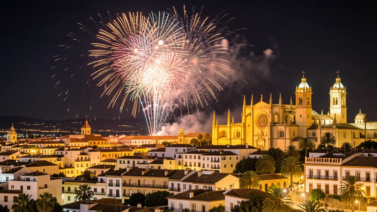 Imatge genèrica de focs artificials il·luminant el cel nocturn d'Elx durant la Nit de l'Albà.