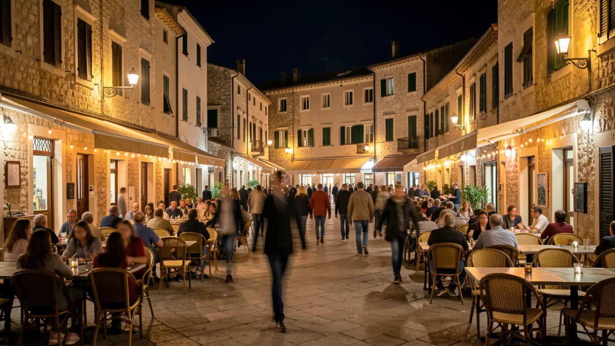 Generic image of a Mediterranean town square at night with terraces.