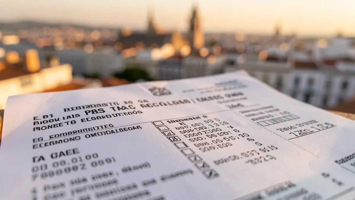 Imatge genèrica de documents fiscals municipals amb un paisatge urbà de fons.