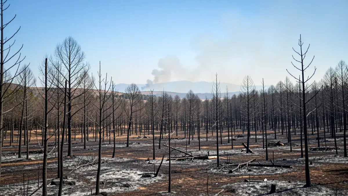 Generic image of a burnt forest landscape with smoke in the background.