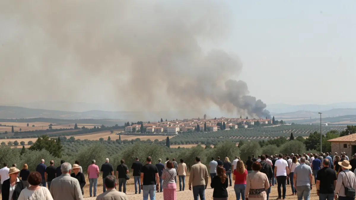 Generic image of a wildfire with smoke over a Mediterranean town.