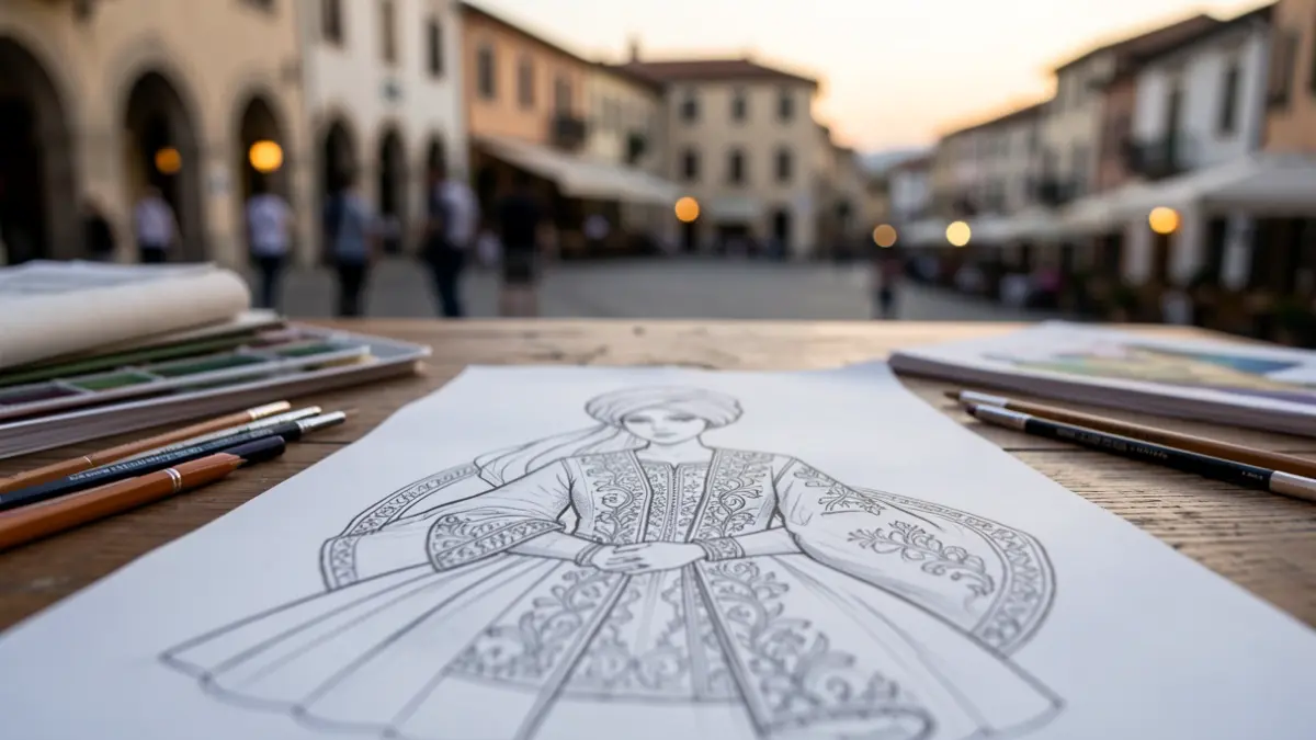 Detalle de un diseño de traje tradicional festero, con elementos decorativos y un turbante, sobre una mesa de artista.