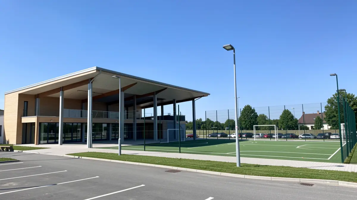 Imatge genèrica d'un complex poliesportiu amb pavelló i pistes exteriors.