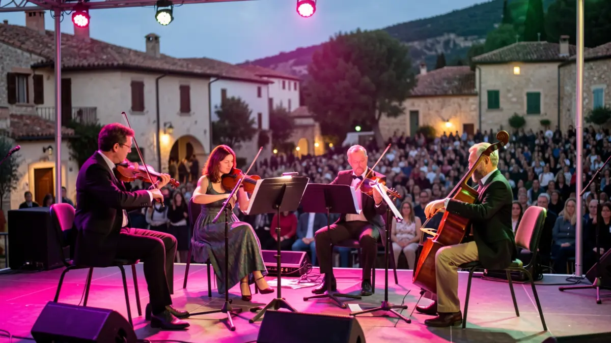 Imatge genèrica d'un quartet de corda tocant a l'aire lliure al capvespre.
