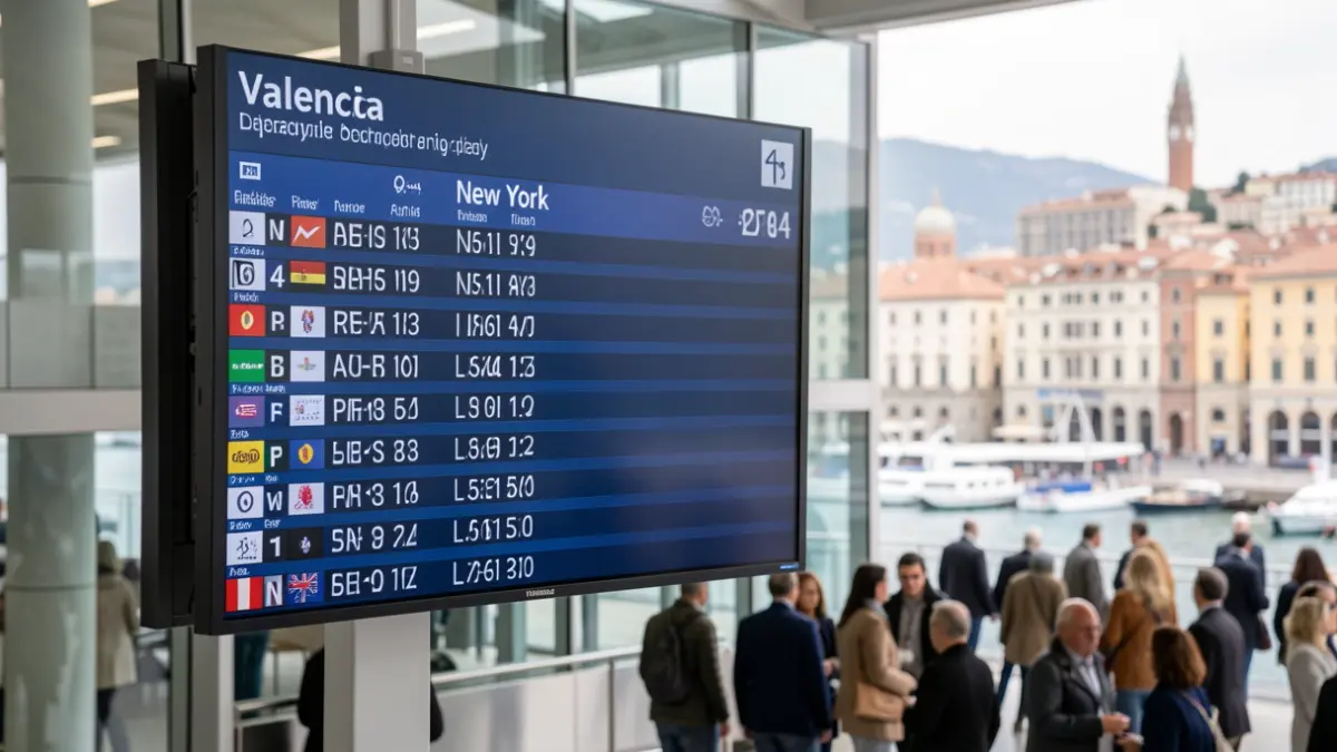 Imagen genérica de un tablero de salidas de aeropuerto con destinos Valencia y Nueva York.