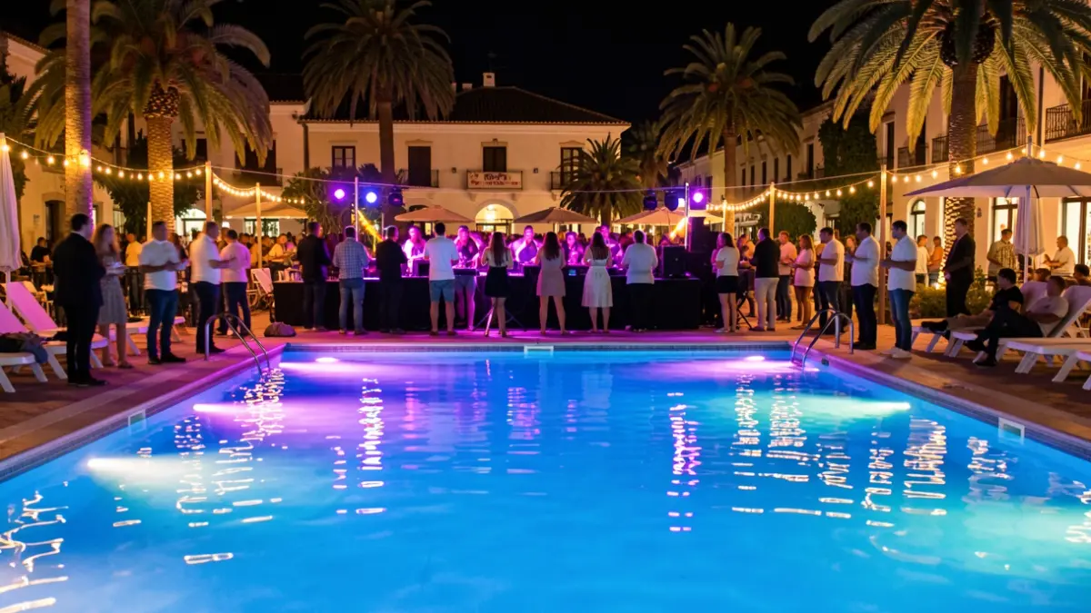 Generic image of a nighttime swimming pool with a festive atmosphere.