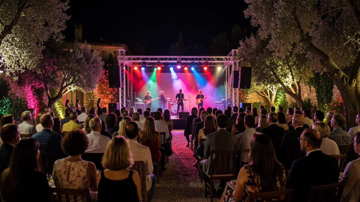 Imatge genèrica d'un escenari exterior il·luminat durant un festival de música a la vesprada.