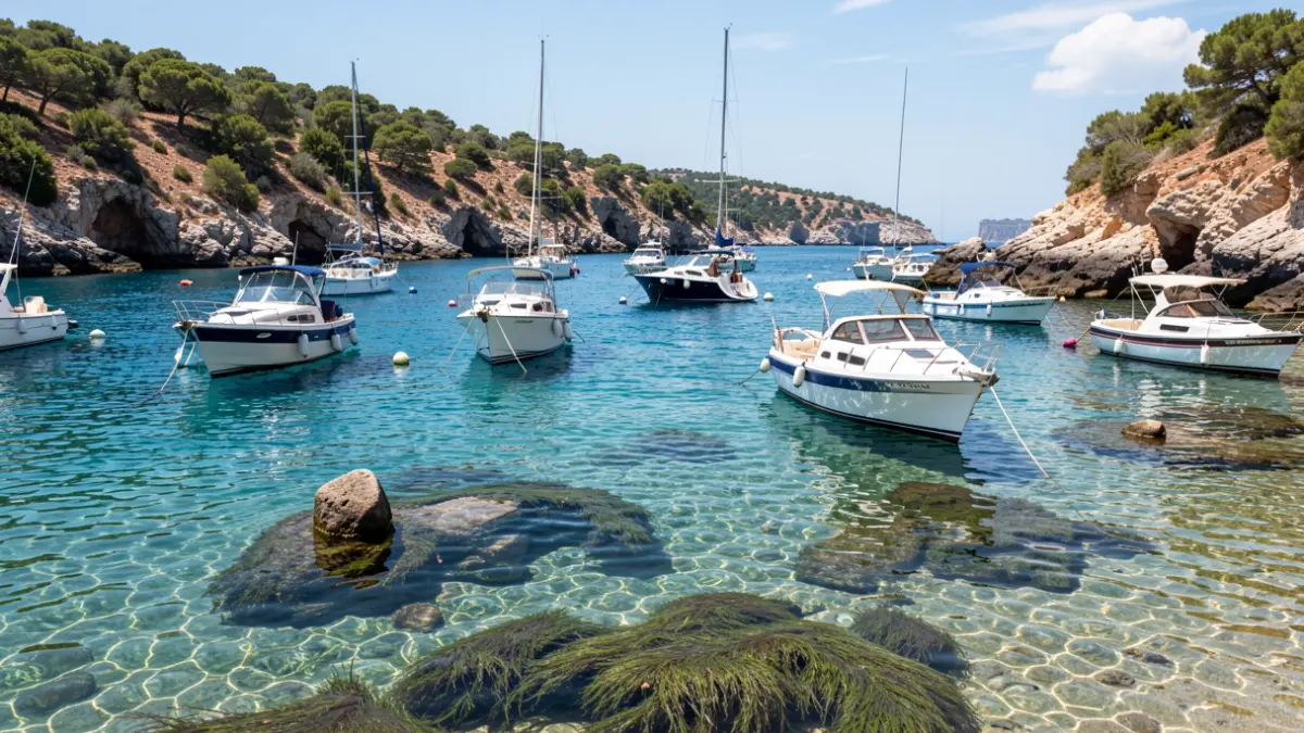 Generic image of boats anchored in a Mediterranean bay.