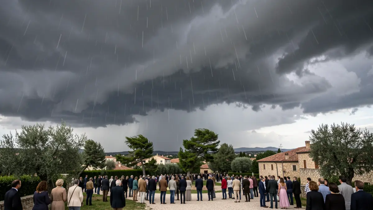 Generic image of a storm over a Mediterranean landscape with dark clouds and rain.