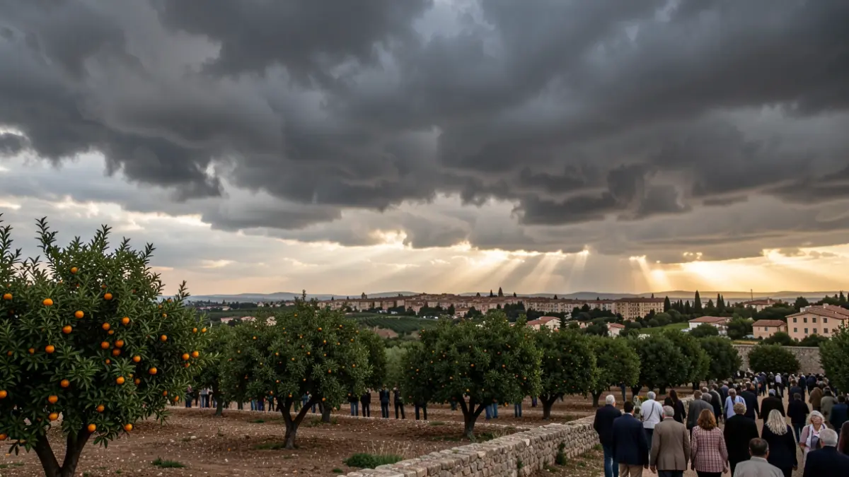 Generic image of stormy sky over Valencian landscape with orange trees.