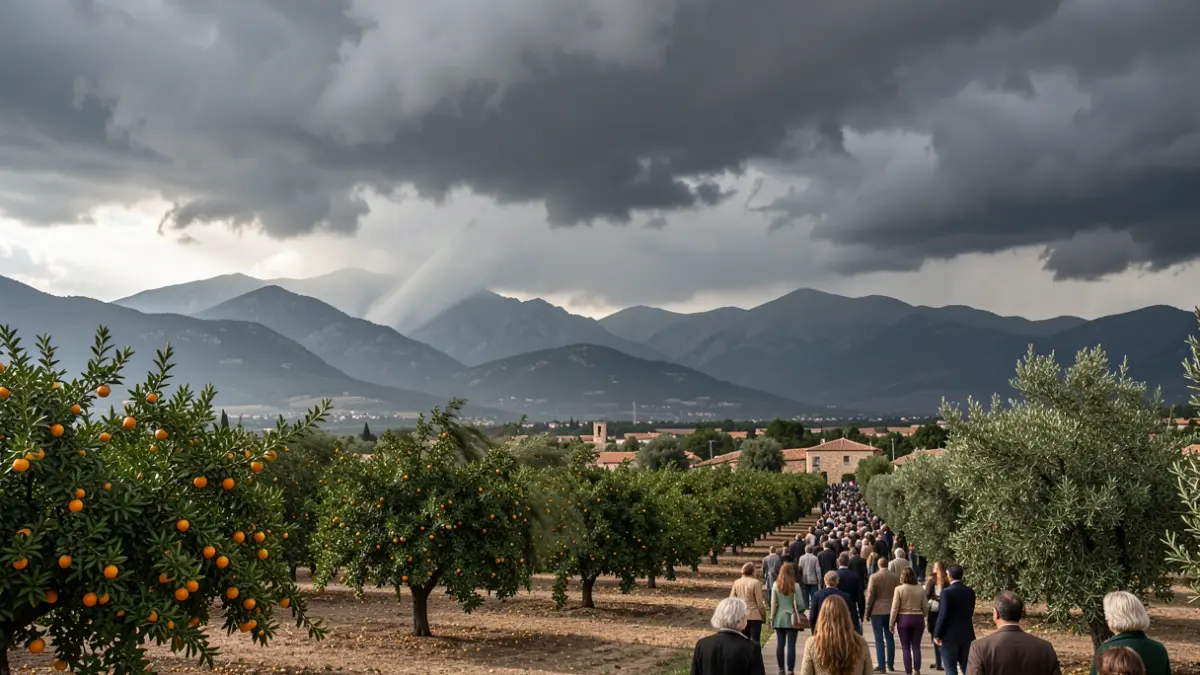 Generic image of storm clouds over a Mediterranean landscape with orange groves and mountains in the background.