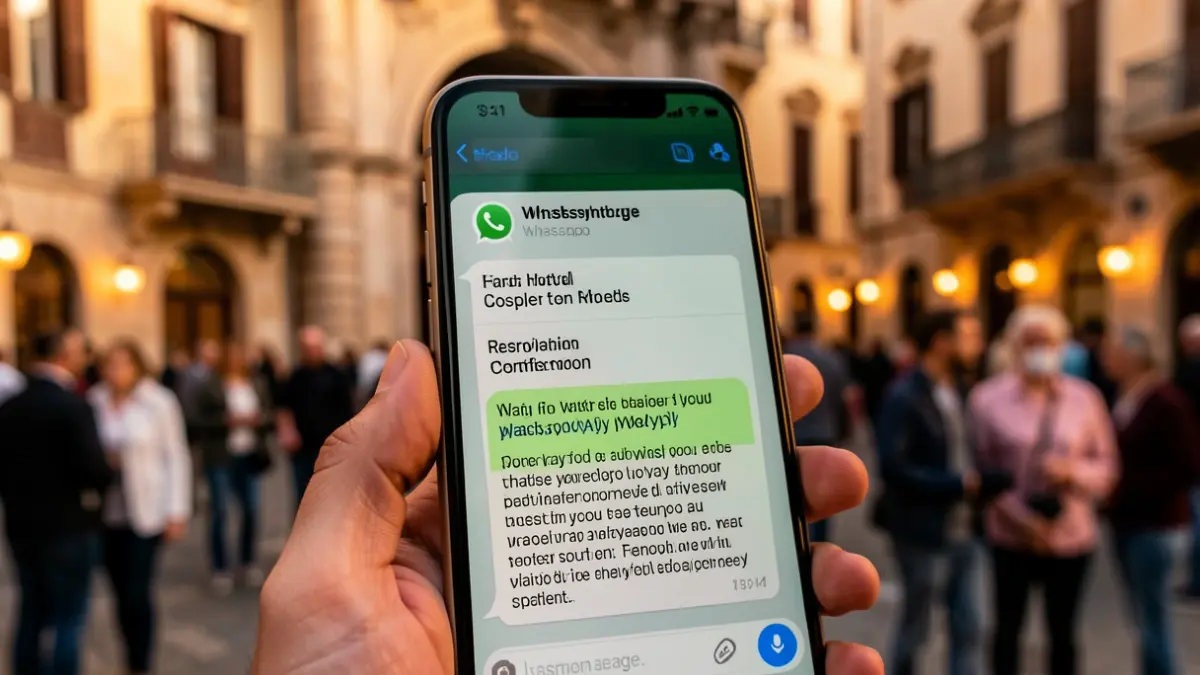 Imatge genèrica d'un missatge de WhatsApp sospitós en una pantalla de telèfon mòbil relacionat amb una reserva d'hotel.