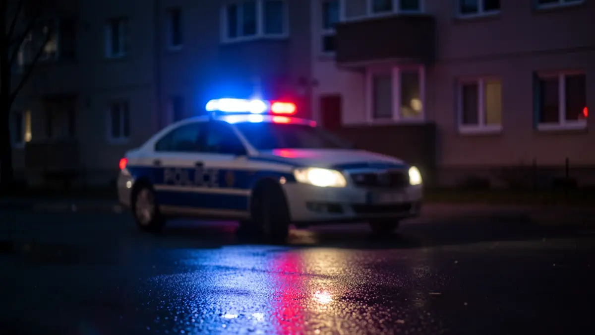 Imatge genèrica de llums policials reflectint-se en asfalt mullat.
