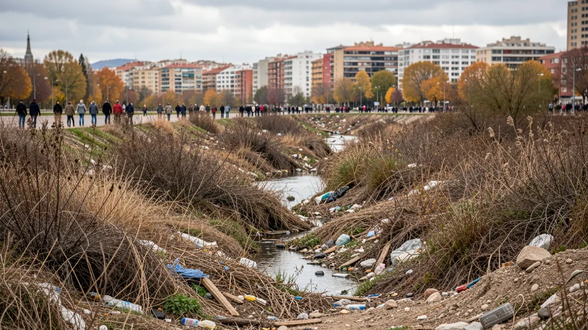 Imatge genèrica del llit del riu Túria amb vegetació acumulada i restes seques.