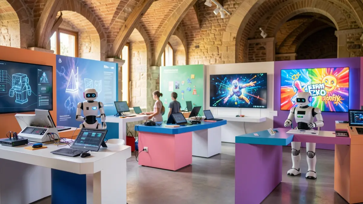 Imatge genèrica d'una exposició tecnològica immersiva amb robots i pantalles.