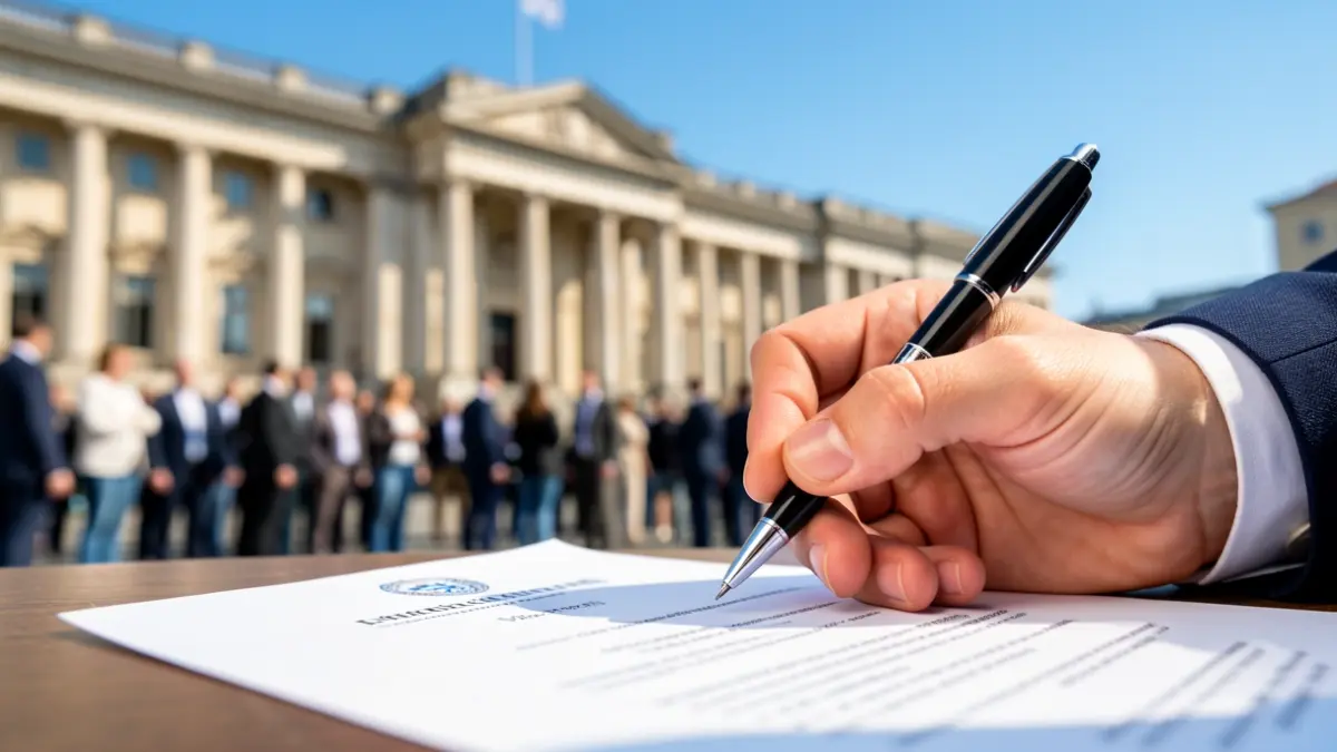 Imagen genérica de una mano firmando un documento oficial frente a un edificio público.