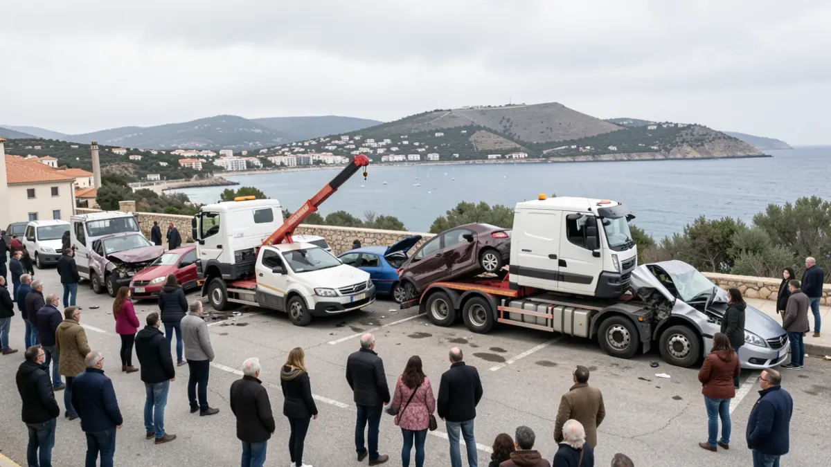 Generic image of tow trucks removing damaged vehicles from a lot.