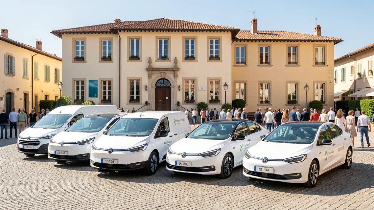 Generic image of five new electric vehicles in front of a municipal building.