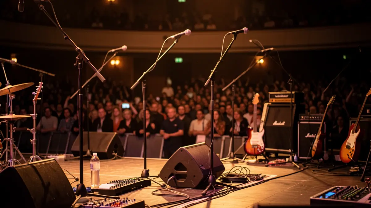 Imagen genérica de un escenario de concierto con micrófonos e instrumentos.