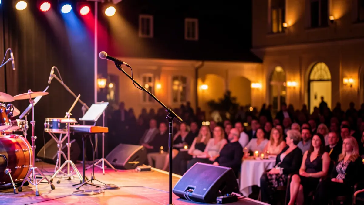 Generic image of a stage with a microphone and musical instruments.