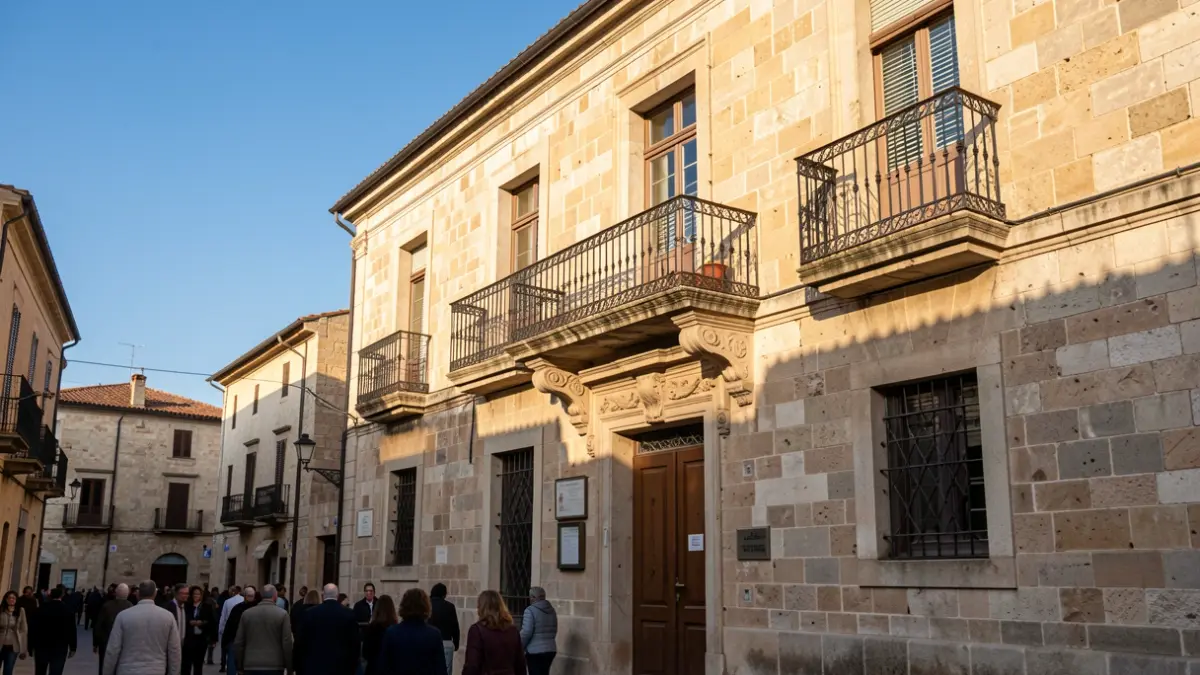 Imagen genérica de la fachada de un ayuntamiento mediterráneo con balcón y barandillas de hierro, luz de tarde.