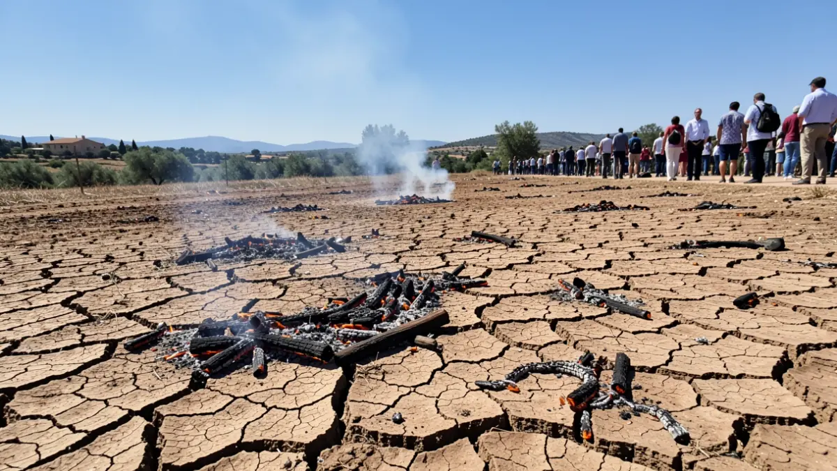 Imatge genèrica de terra seca amb brases i fum, sota un sol intens.