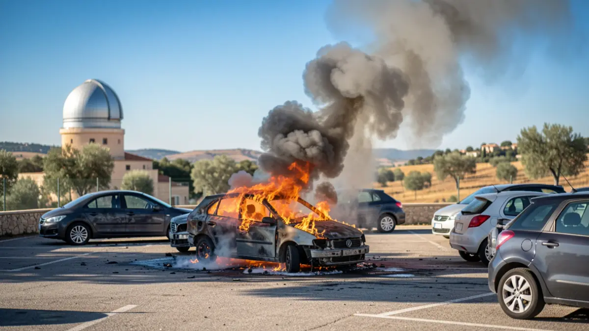Imatge d'un cotxe incendiat en un pàrquing prop d'un observatori a Peníscola, amb fum elevant-se.