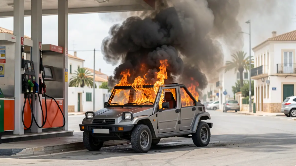 Imagen de un Citroën Mehari histórico en llamas en una gasolinera de Dénia.