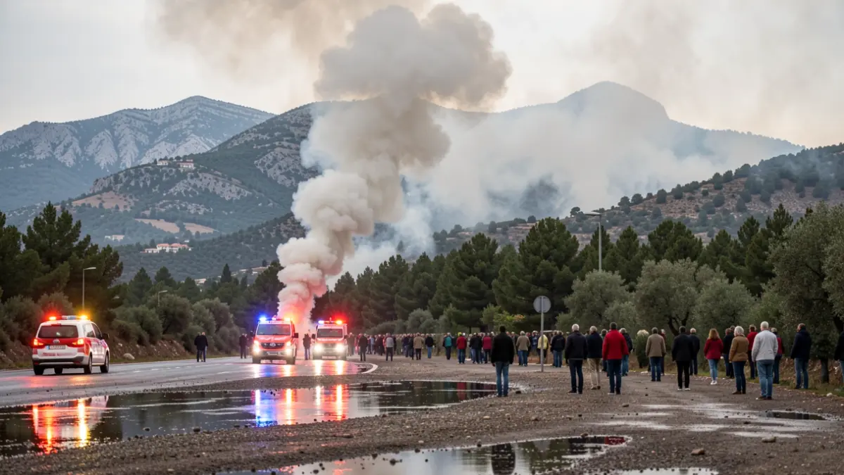 Imagen genérica de humo de un incendio forestal en la Serra de la Calderona con luces de emergencia.