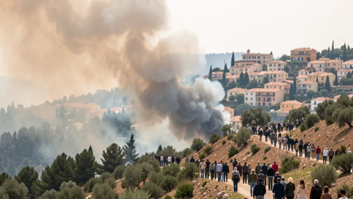 Generic image of a forest fire with smoke and a town in the background.