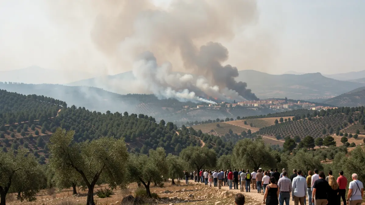 Imagen genérica de un incendio forestal con humo denso y un pueblo a la distancia.