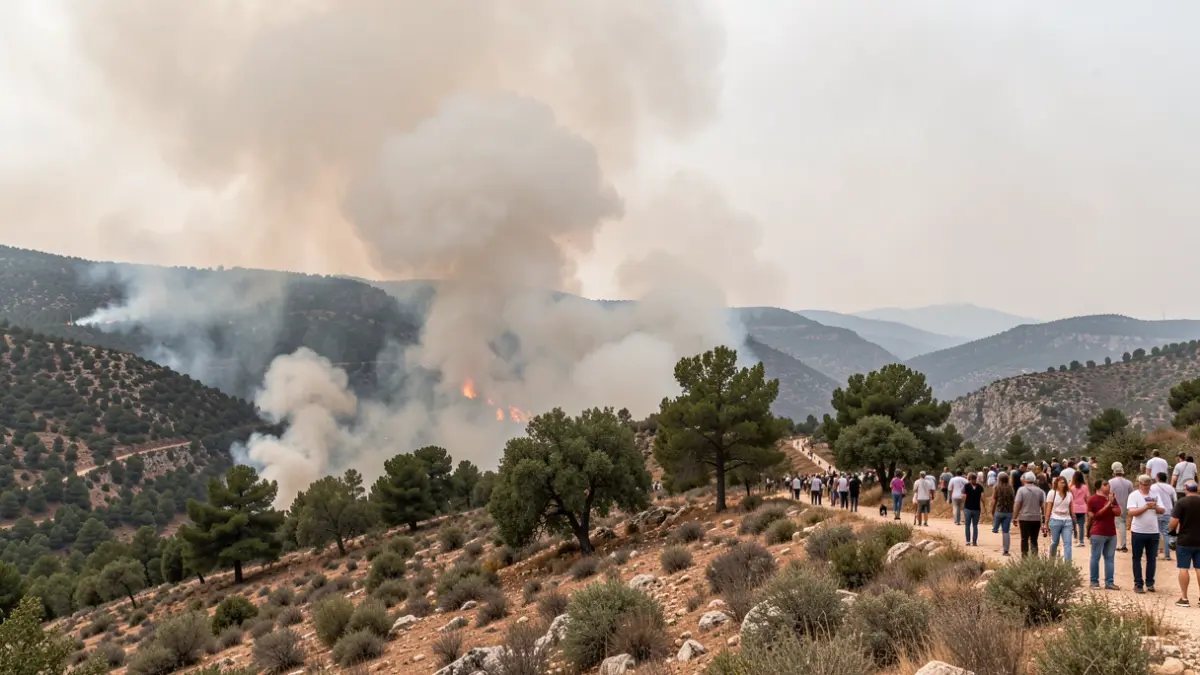 Imatge genèrica d'un incendi forestal en un paisatge mediterrani amb fum dens i vegetació seca.