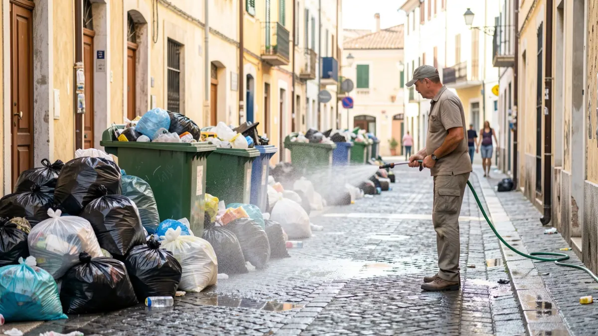 Image of overflowing garbage bins and a resident cleaning the street with a hose in Calp.