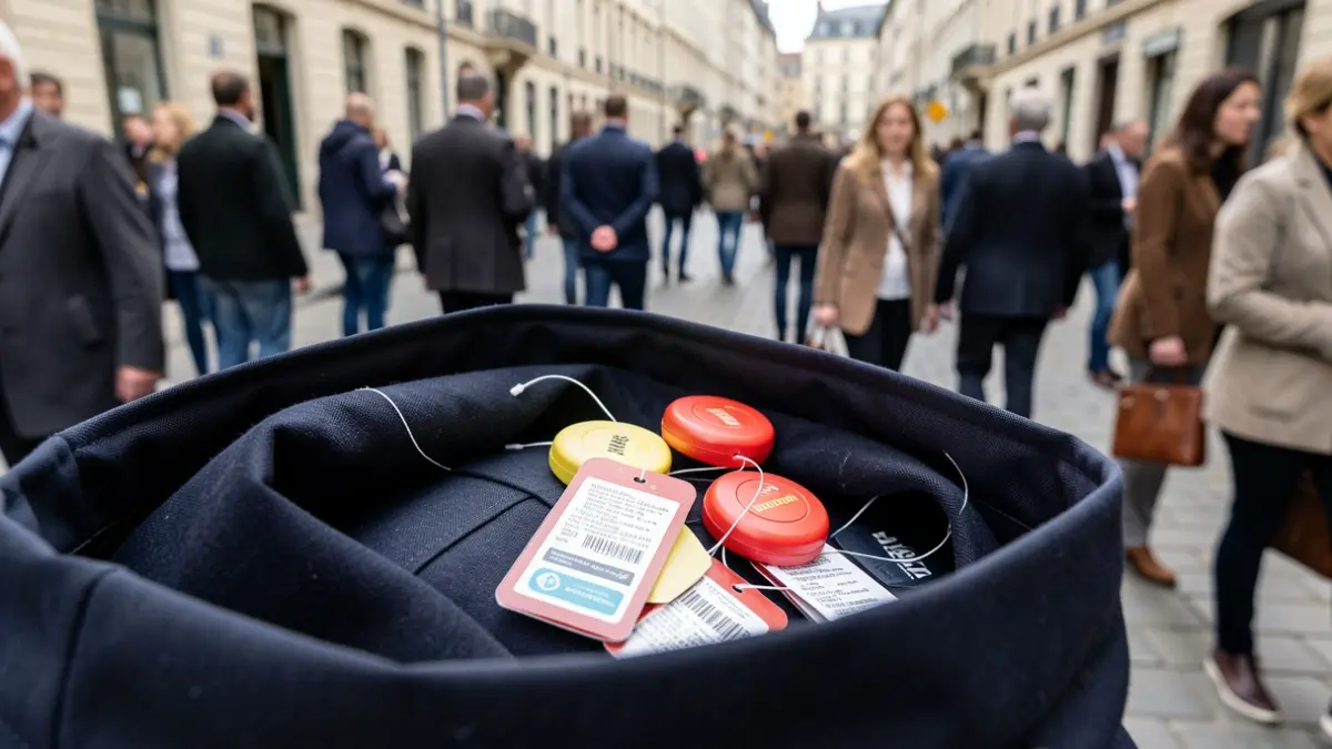 Generic image of alarm devices still installed on clothing items inside a bag.