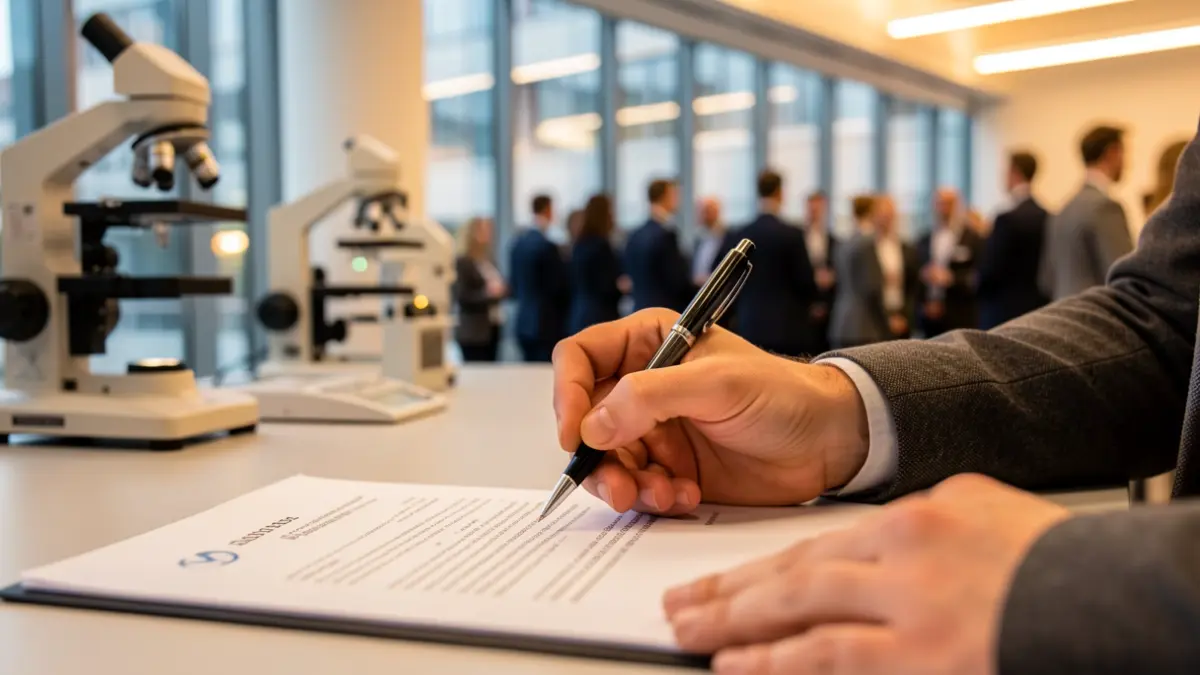 Imagen genérica de una mano firmando un documento en un entorno profesional.