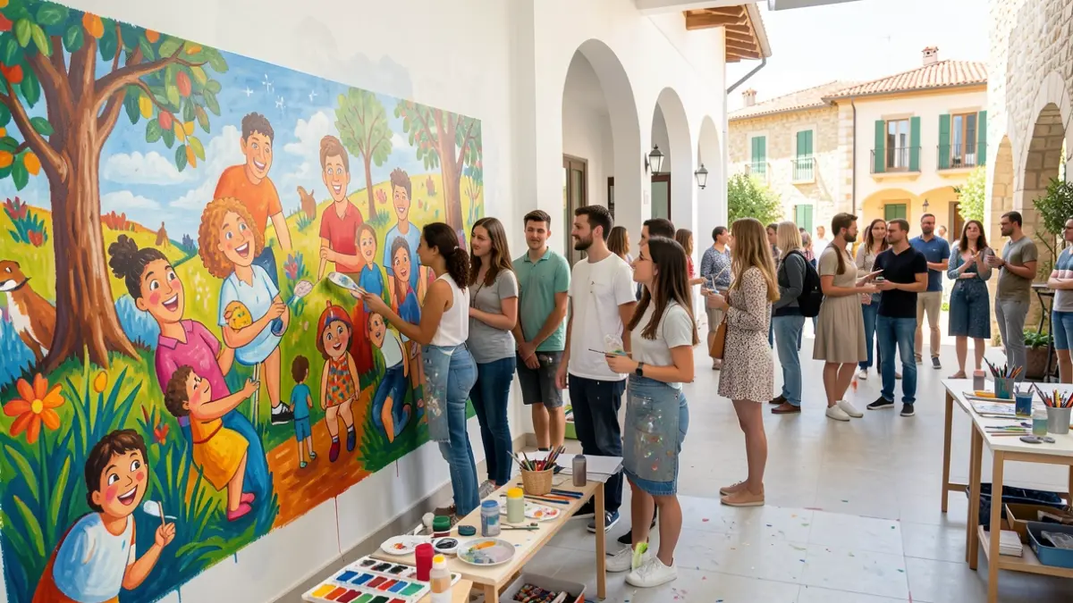Imatge genèrica d'un mural col·lectiu pintat per joves en un centre cívic.