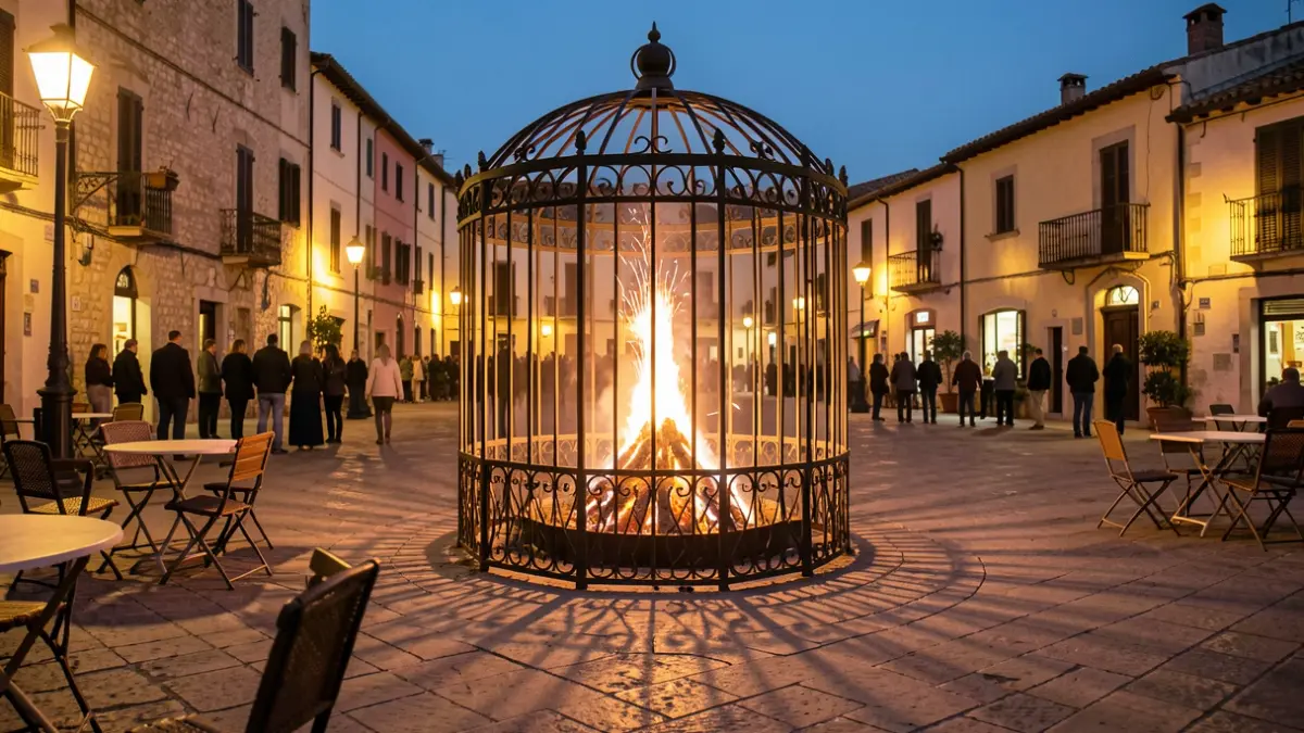 Imatge genèrica d'una plaça mediterrània amb una gran gàbia al centre, il·luminada per fanals al capvespre.