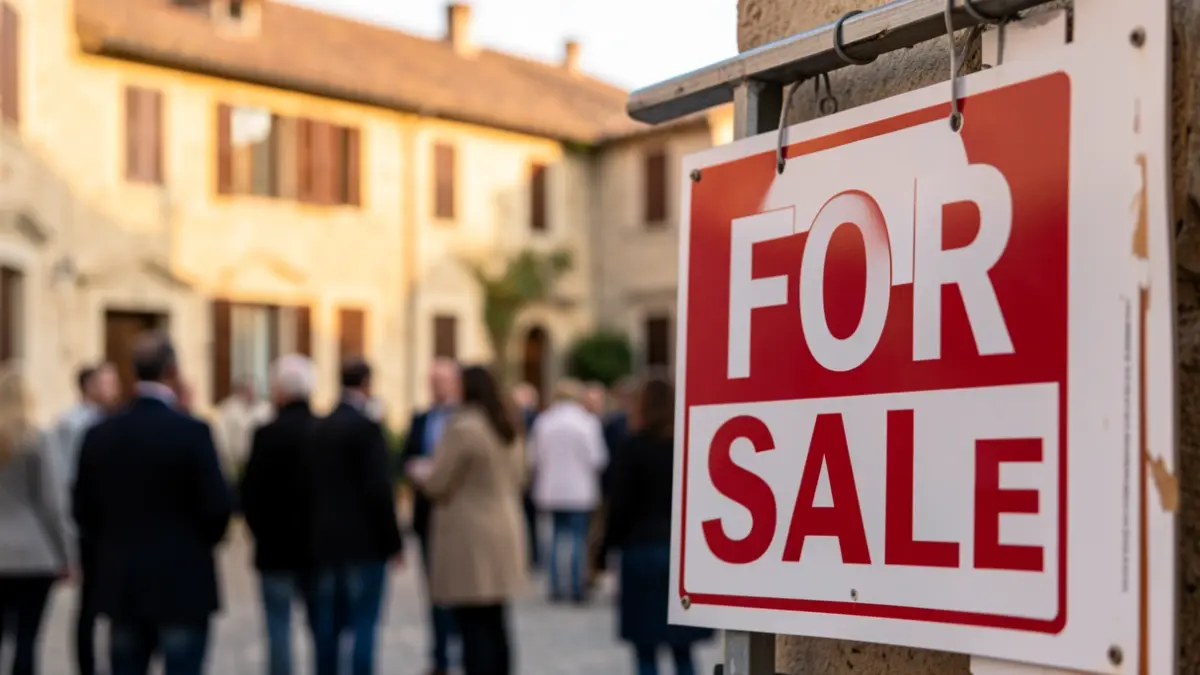 Generic image of a 'For Sale' sign in front of Mediterranean architecture.