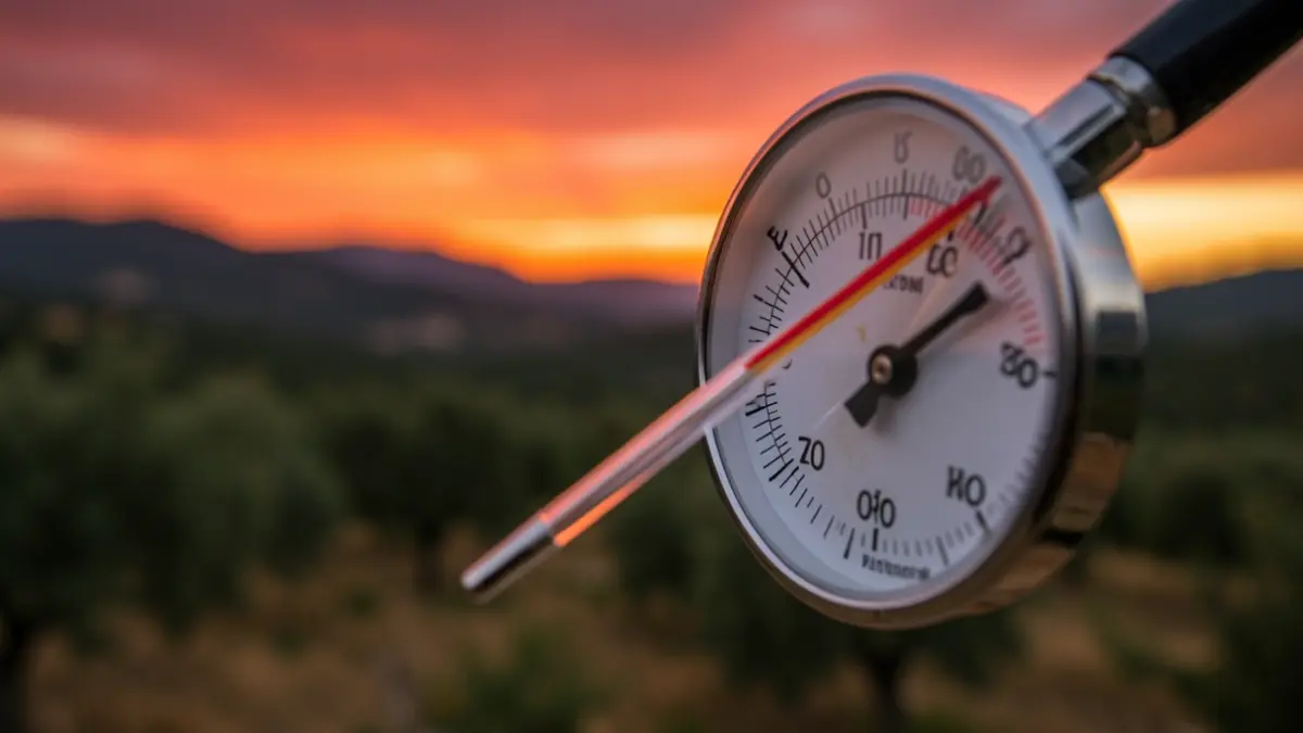 Imagen genérica de un termómetro mostrando una temperatura muy alta con un cielo crepuscular.