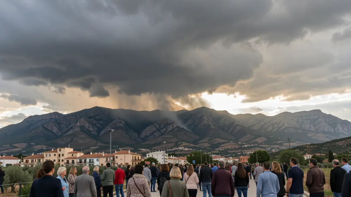 Cielo tormentoso sobre la Sierra Calderona, con nubes oscuras y rayos de sol.
