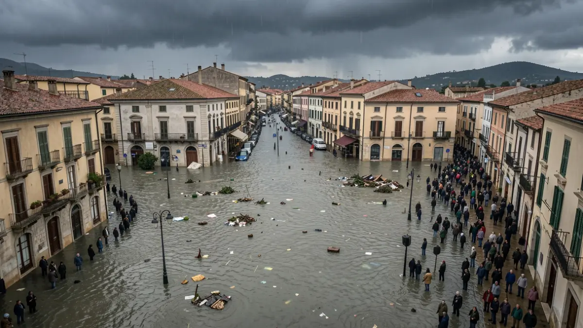 Generic image of a severe flood in a Mediterranean town.