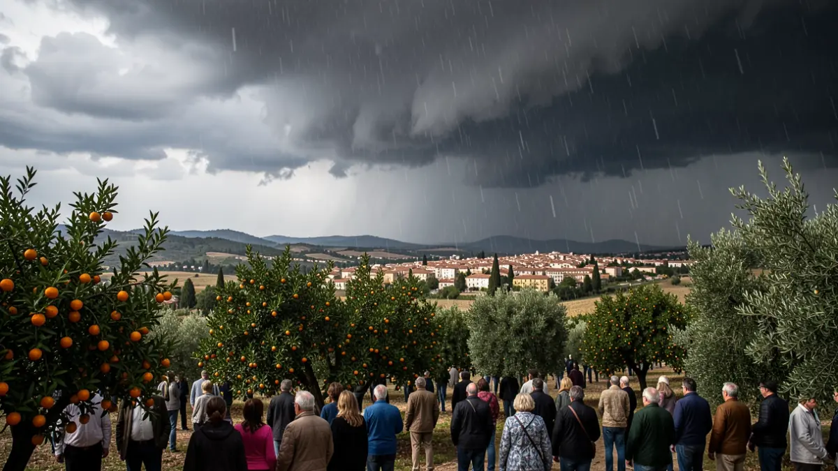 Imatge genèrica de núvols de tempesta sobre un paisatge mediterrani amb tarongers.