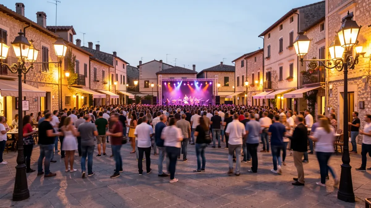 Imagen genérica de una plaza de pueblo mediterráneo durante un concierto nocturno, con una multitud animada e iluminación cálida.